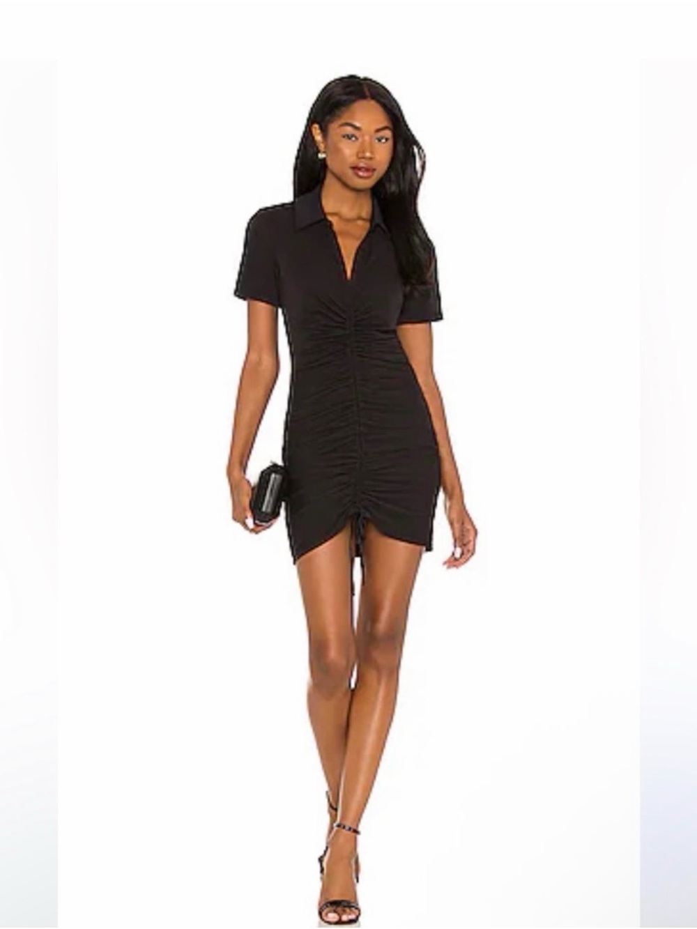 Ruched Short Sleeve Polo Mini Dress - Black - Alice & Olivia